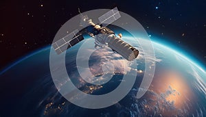Geostationary orbit satellite above the Earth, 3D render photo