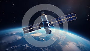 Geostationary orbit satellite above the Earth, 3D render photo