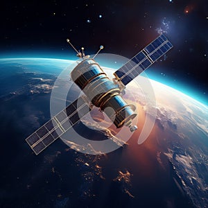 Geostationary orbit satellite above the Earth, 3D render photo