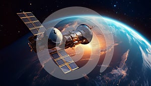 Geostationary orbit satellite above the Earth, 3D render photo