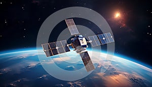 Geostationary orbit satellite above the Earth, 3D render photo