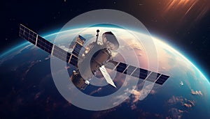 Geostationary orbit satellite above the Earth, 3D render photo