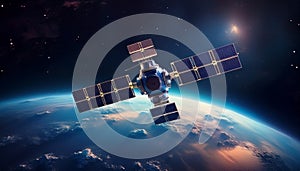 Geostationary orbit satellite above the Earth, 3D render photo