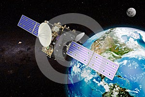 Geosynchronous satellite orbiting Earth, 3D rendering