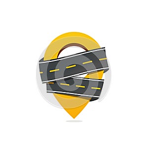 Geotag sign with asphalt road vector icon. Get taxi vector icon. Moving logo