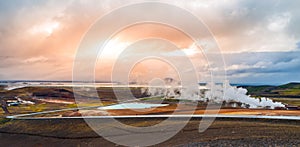 Geothermal activity with smoke at Myvatn Lake, Iceland