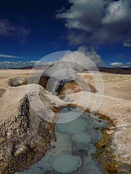 Geothermal activity volcanic hot sulphur springs mud pool fumaroles Sol de Manana Sur Lipez Potosi Altiplano Bolivia