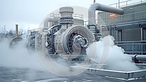 Geothermal energy. Close-up of one of the turbines of geothermal power plant with rotating blades. In the foreground -