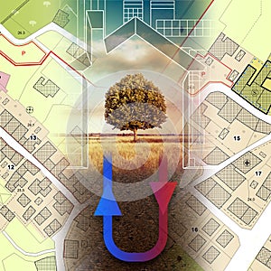 Geothermal heating and cooling system linear - sustainable buildings conditioning concept illustration