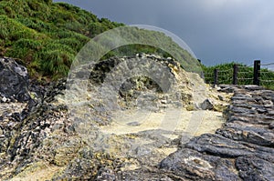 Geothermal hot spring with steam and sulfur crystals