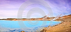 Geothermal landscape with beautiful azure blue crater lake, Myvatn area, Iceland