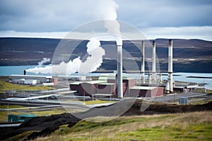 geothermal plant emitting steam against legislation papers