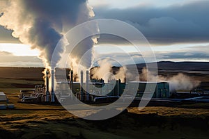 a geothermal power plant, with steam rising from the plant and hot water running through pipes