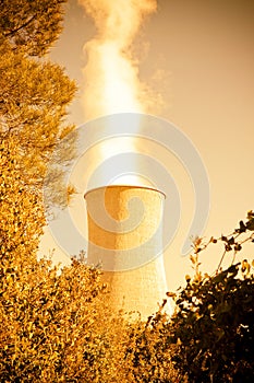 Geothermal power plant in Tuscany hills with copy space