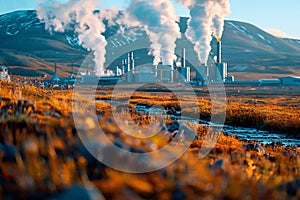 Geothermal power plants extracting heat from the Earth's crust, with steam rising from deep wells against a backdrop