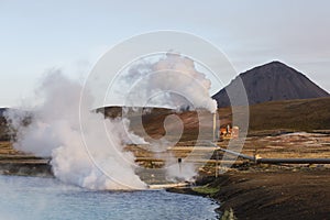 Geothermal Power Station and Bright Turquoise Lake in Iceland