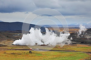 The geothermal region of Hverir in Iceland, near Myvatn Lake.