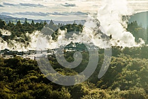 geothermal volcanic park with geysers and hot streams, scenic landscape, te piua national park, rotorua, new zealand