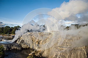 geothermal volcanic park with geysers and hot streams, scenic landscape, te piua national park, rotorua, new zealand