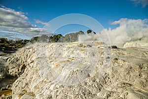 geothermal volcanic park with geysers and hot streams, scenic landscape, te piua national park, rotorua, new zealand