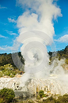 geothermal volcanic park with geysers and hot streams, scenic landscape, te piua national park, rotorua, new zealand