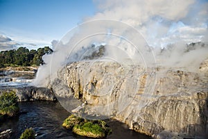 geothermal volcanic park with geysers and hot streams, scenic landscape, te piua national park, rotorua, new zealand