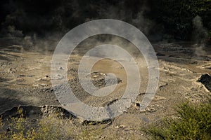 geothermal volcanic park with geysers and hot streams, scenic landscape, te piua national park, rotorua, new zealand