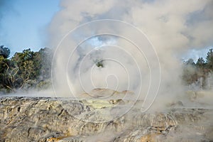 geothermal volcanic park with geysers and hot streams, scenic landscape, te piua national park, rotorua, new zealand