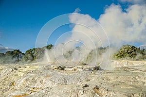 geothermal volcanic park with geysers and hot streams, scenic landscape, te piua national park, rotorua, new zealand