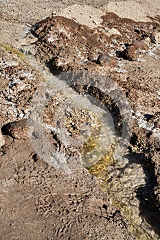 Geothermally heated water running through a channel at Geysers Del Tatio, Antofagasta, Chile.