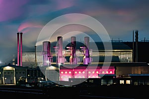 Geothermic plant with pink colors, long exposure photo