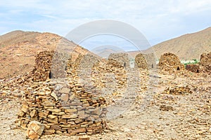 Geoup of ancient stone beehive tombs, archaeological site near al-Ayn, sultanate Oman