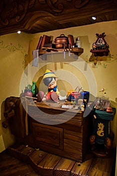 TOKYO, JAPAN: Geppetto`s house with Pinocchio on the table setup in Disneystore located at Shibuya, Tokyo