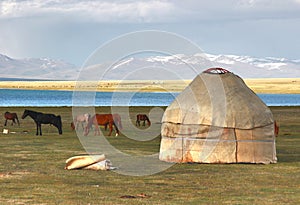 The ger camp in a large meadow at Song kul lake , Naryn of Kyrgyzstan