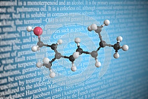 Geraniol scientific molecular model, 3D rendering