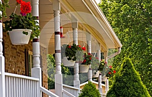 Geranium pots hanging on porch