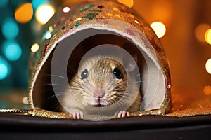 gerbil peeking out from a new years eve hat