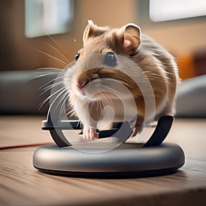 A gerbil running on an exercise wheel connected to a generator, powering a digital clock1