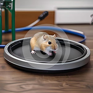 A gerbil running on an exercise wheel connected to a generator, powering a digital clock3