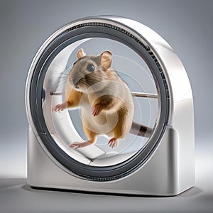 A gerbil running on an exercise wheel connected to a generator, powering a digital clock5