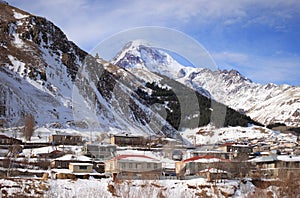 Gergeti and Mount Kazbek in winter photo