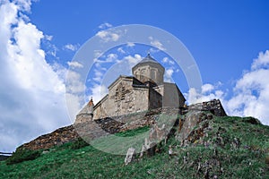 Gergeti trinity church. Church at the top of a mountain in Georgia in Kazbegi. Mount Kazbek