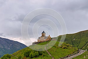 Gergeti Trinity Church near the Stepantsminda village in Georgia ,At an altitude of 2170 meters, under Mount Kazbek