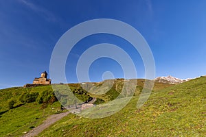 Gergeti Trinity Church near the Stepantsminda village in Georgia ,At an altitude of 2170 meters, under Mount Kazbek