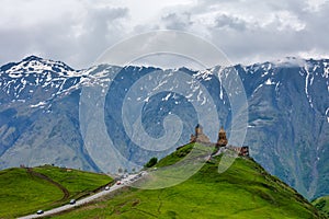 Gergeti Trinity Church near the Stepantsminda village in Georgia ,At an altitude of 2170 meters, under Mount Kazbek