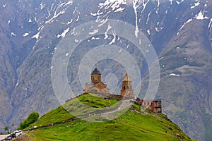 Gergeti Trinity Church near the Stepantsminda village in Georgia ,At an altitude of 2170 meters, under Mount Kazbek