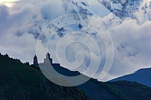 Gergeti Trinity Church near the Stepantsminda village in Georgia ,At an altitude of 2170 meters, under Mount Kazbek