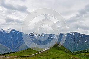 Gergeti Trinity Church near the village Stepantsminda in Georgia ,At an altitude of 2170 meters, under Mount Kazbek or Kazbegi,