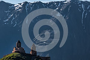 Gergeti Trinity Church near the village Stepantsminda in Georgia ,At an altitude of 2170 meters, under Mount Kazbek or Kazbegi,