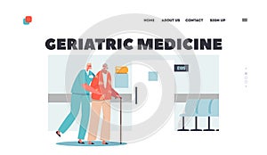 Geriatric Medicine Landing Page Template. Healthcare, Medical Aid and Care of Elderly People Concept. Young Nurse
